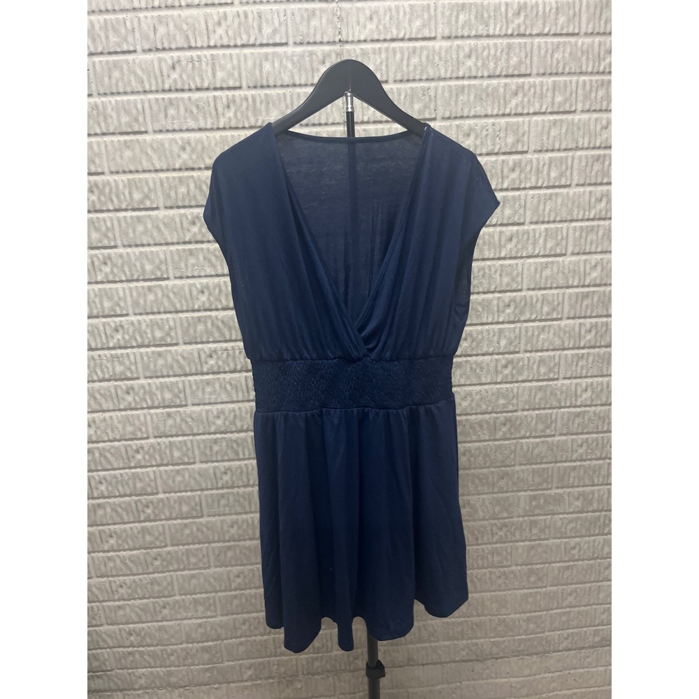Cupshe Navy Blue V-Neck Smocked Empire Waist Beach Cover-Up Mini Dress L NEW